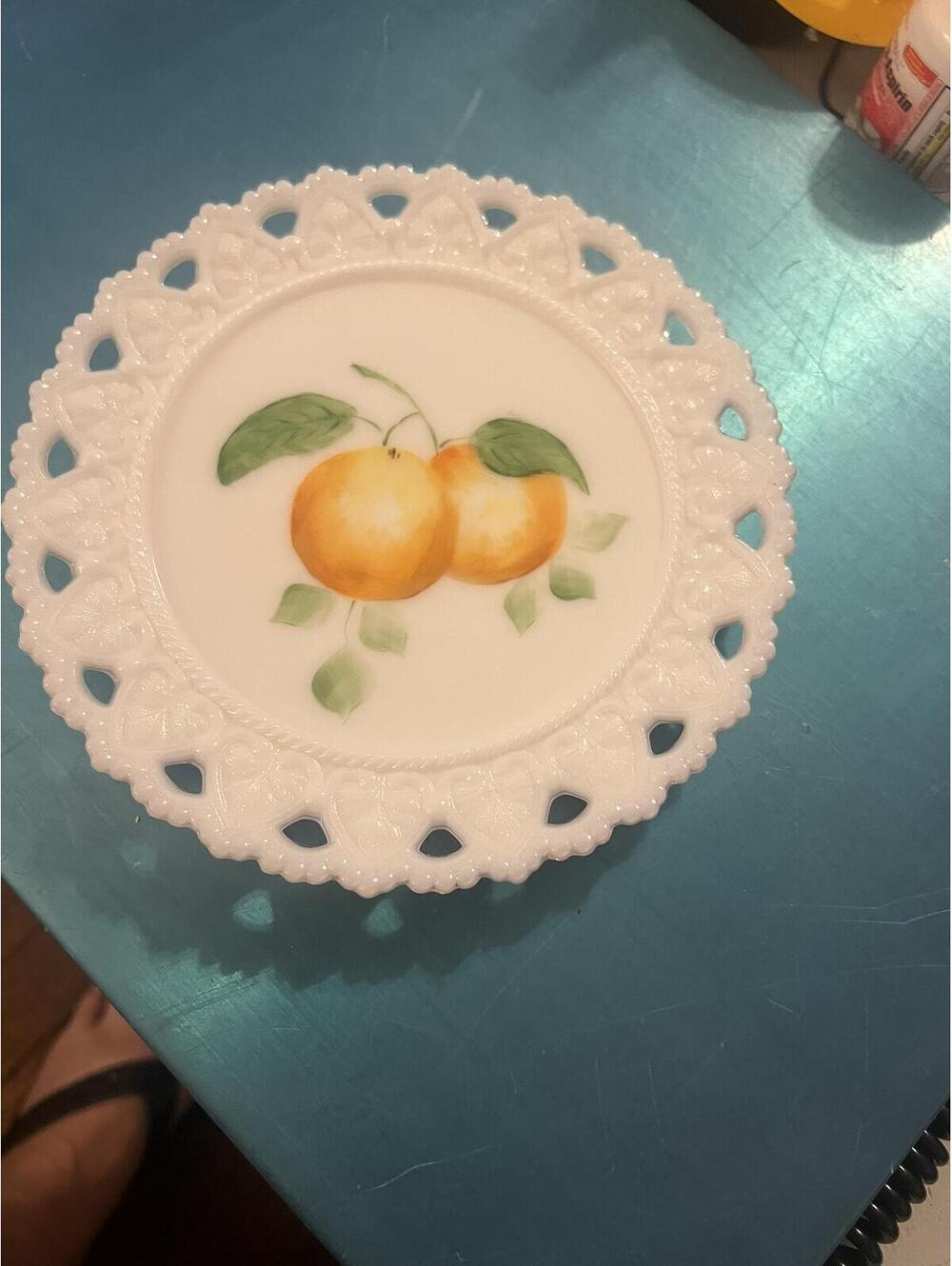 Vintage Milk Glass Decorative Plate with Orange Fruit Design